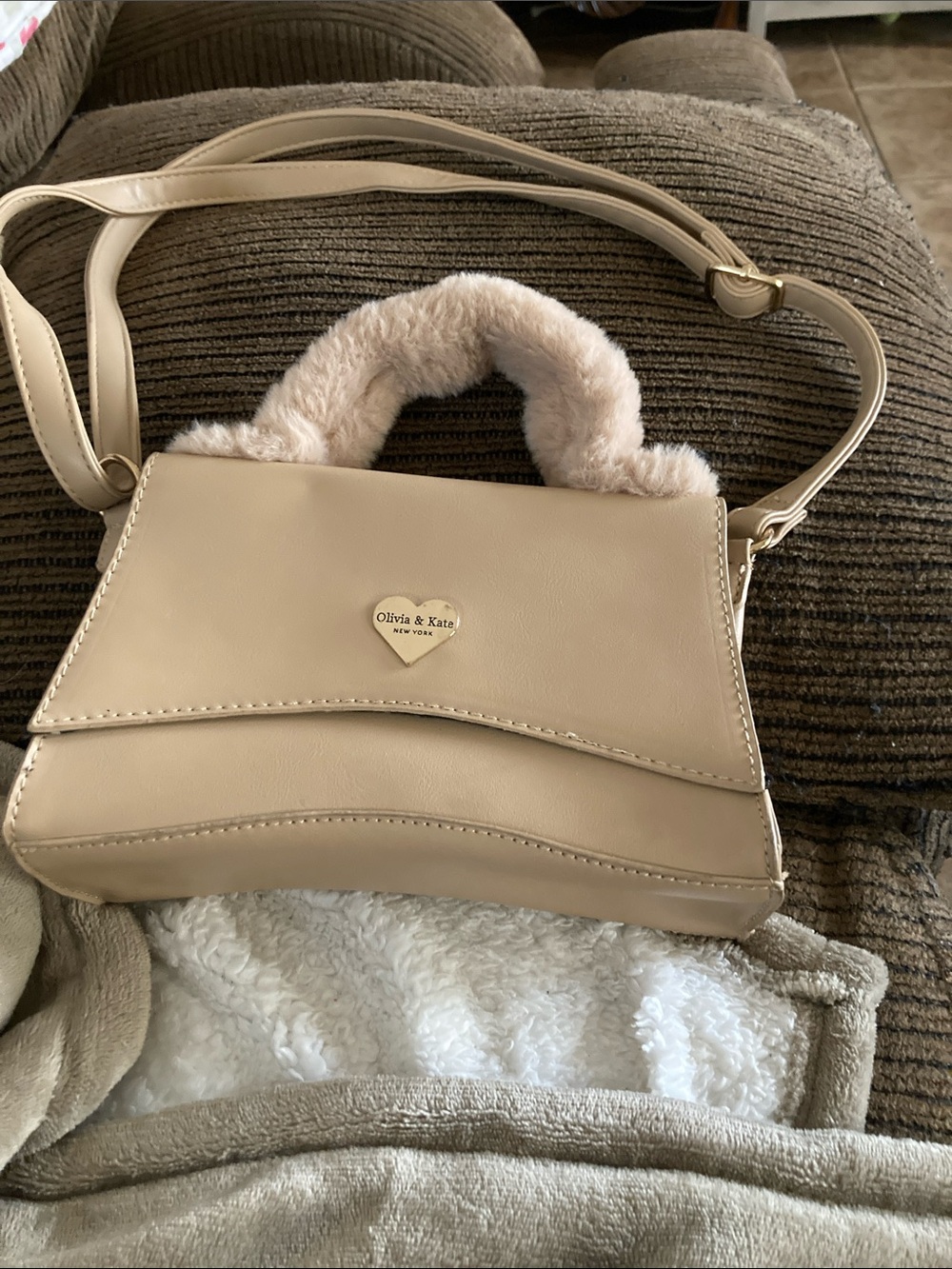 Cream Crossbody Bag with Faux-Fur Top Handle